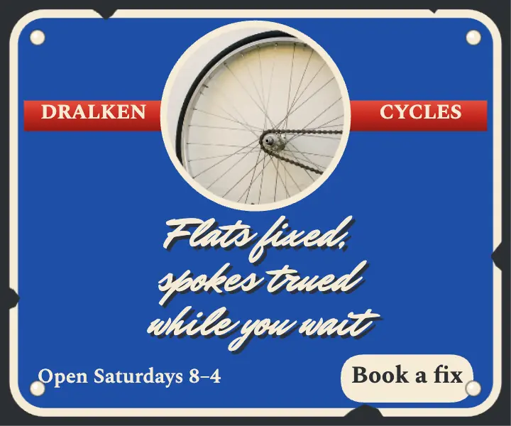 Dralken Cycles Saturday bike repair enamel sign ad template