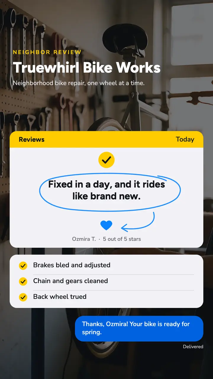 Truewhirl Bike Works review story, Notes app style template