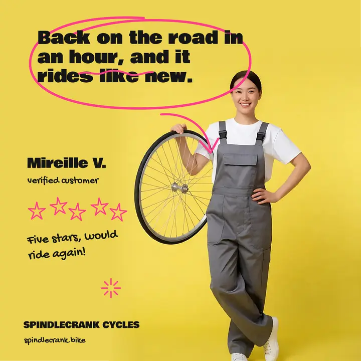 Bike repair customer review, scribbled cutout post template