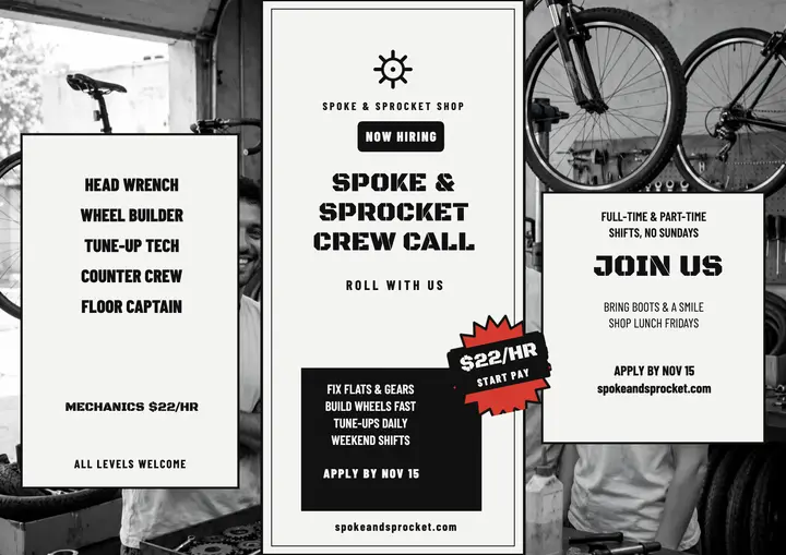 Spoke and Sprocket crew hiring flyer template
