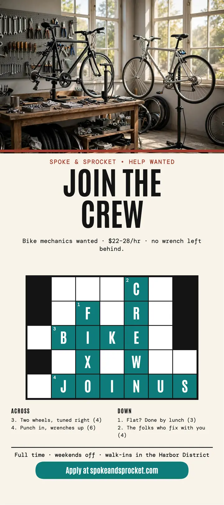 Spoke and Sprocket hiring crossword rack card template