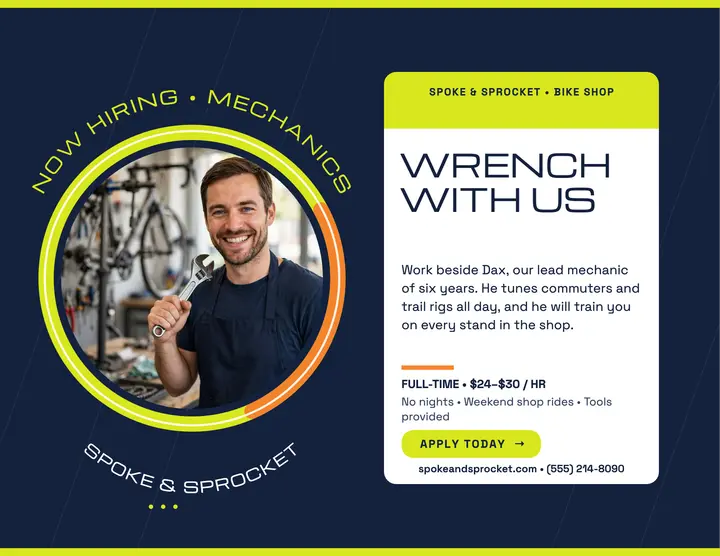 Spoke and Sprocket mechanic hiring badge flyer template