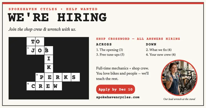 Spokehaven Cycles hiring crossword post template