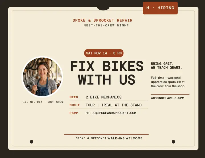 Spoke and Sprocket crew hiring night flyer: bike shop hiring flyer template