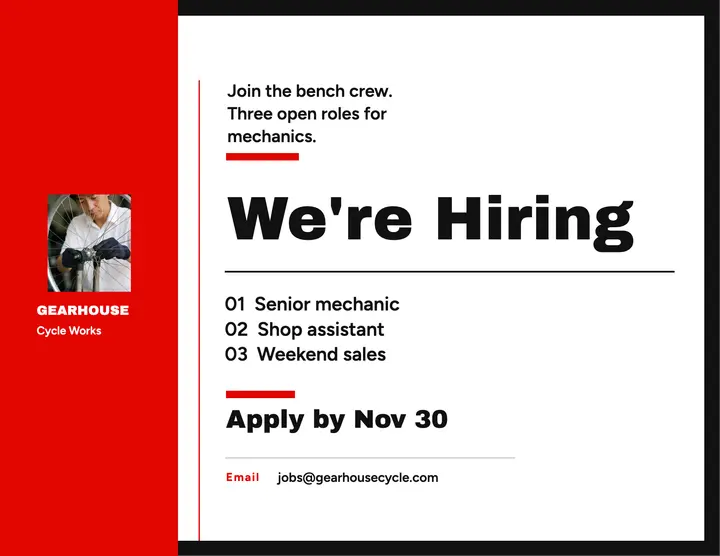 Gearhouse Cycle Works mechanic hiring flyer template