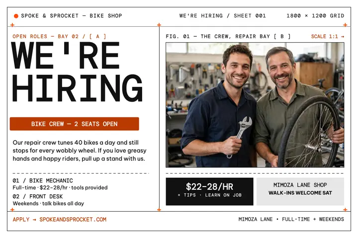 Spoke and Sprocket bike crew hiring postcard template