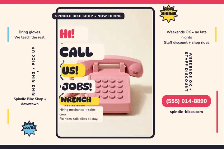 Spindle bike shop hiring hotline card template