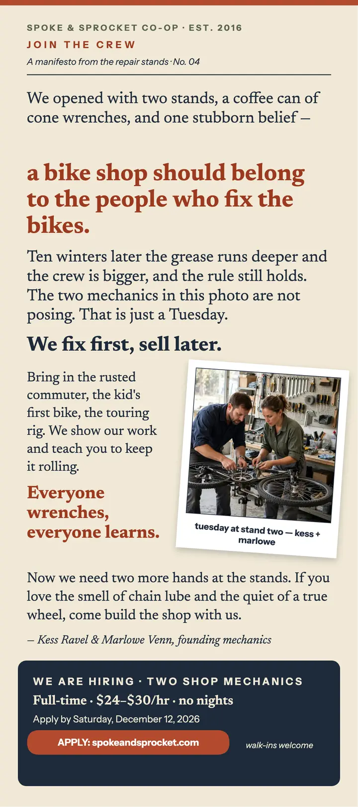 Spoke and Sprocket hiring manifesto rack card template