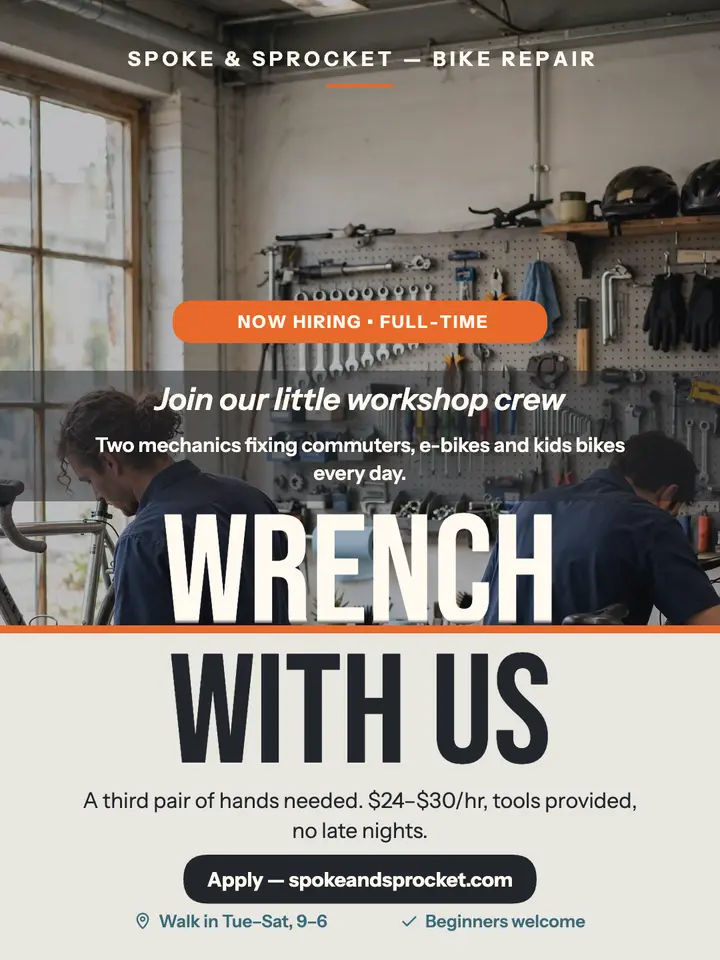 Spoke and Sprocket hiring portrait: bike shop hiring post template