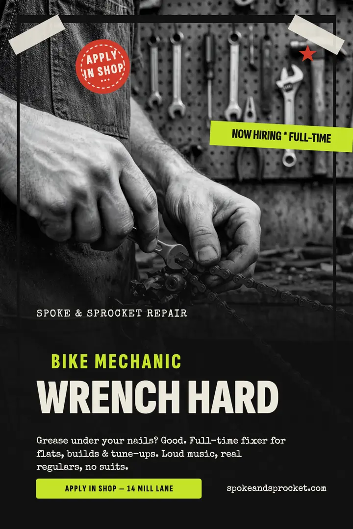 Spoke and Sprocket bike mechanic hiring poster template