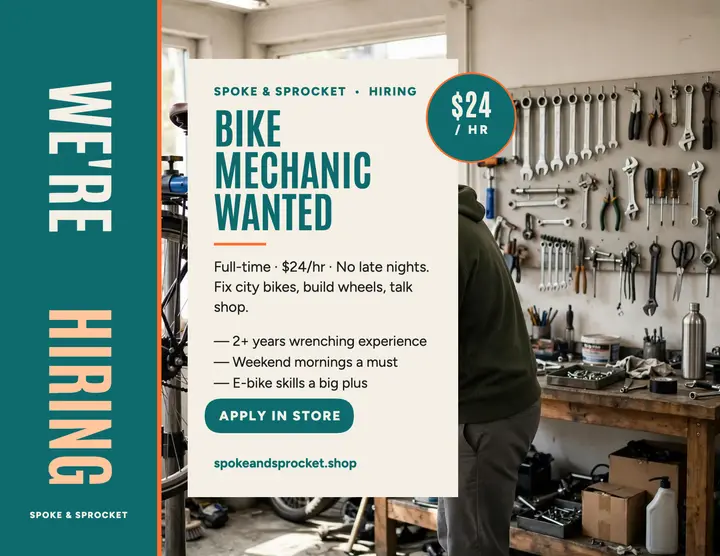 Spoke and Sprocket bike mechanic hiring flyer template