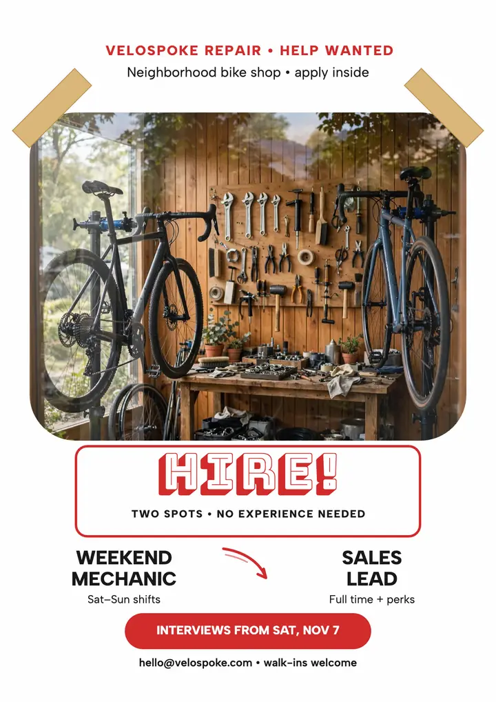 Velospoke bike shop now hiring flyer template