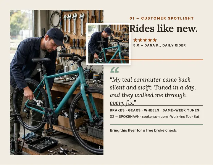 Spokehavn customer spotlight flyer: bike shop review flyer template