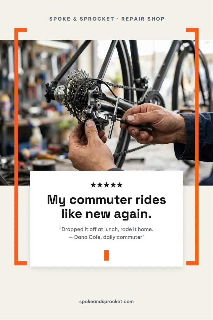 Spoke and Sprocket rider spotlight poster: bike shop review poster template