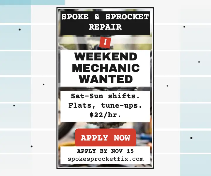 Spoke and Sprocket weekend mechanic ad: bike shop hiring ad template