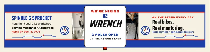 Spindle and Sprocket bike mechanics hiring banner: bike shop hiring banner template