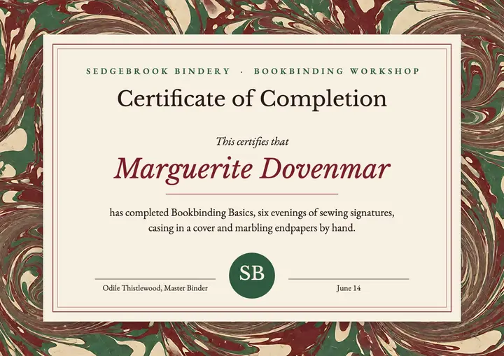 Sedgebrook Bindery workshop certificate, marbled paper template