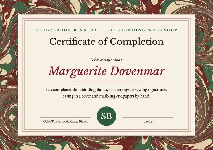 Sedgebrook Bindery workshop certificate, marbled paper template