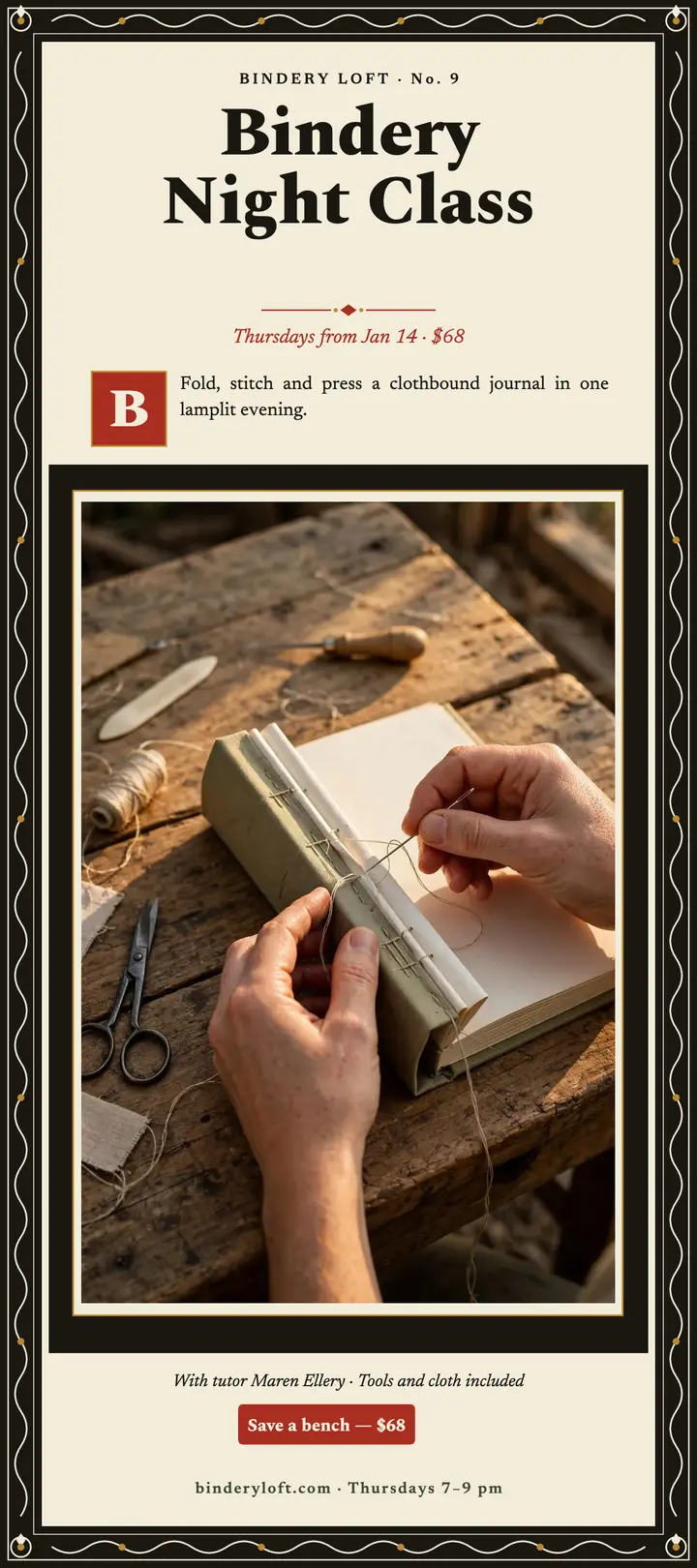 Bindery Night Class private-press rack card: bookbinding class rack card template