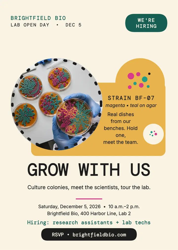 Brightfield Bio lab open day invitation: lab hiring invitation template