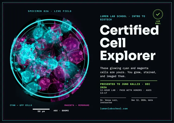 Lumen Lab biotech cell explorer certificate template