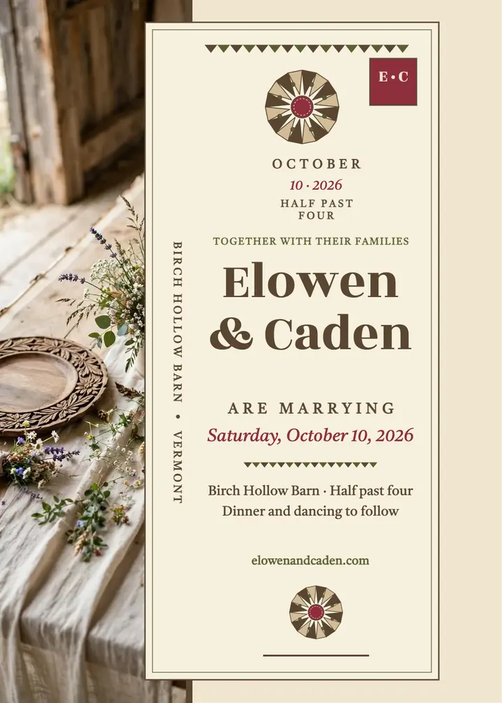 Elowen and Caden birch barn invitation template