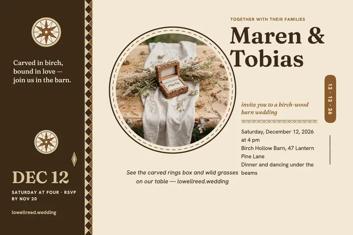 Maren and Tobias birch barn wedding postcard template