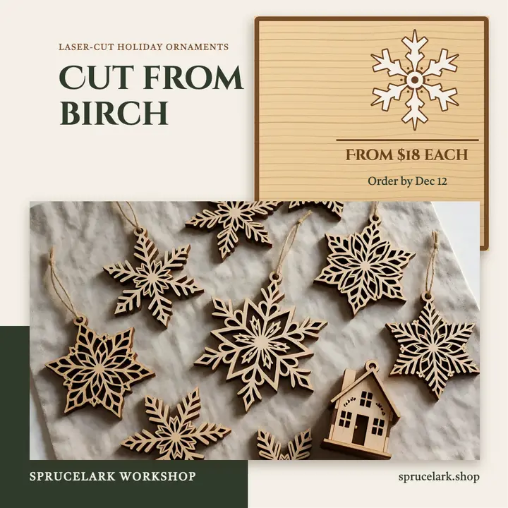 Sprucelark Workshop laser-cut birch ornaments post template