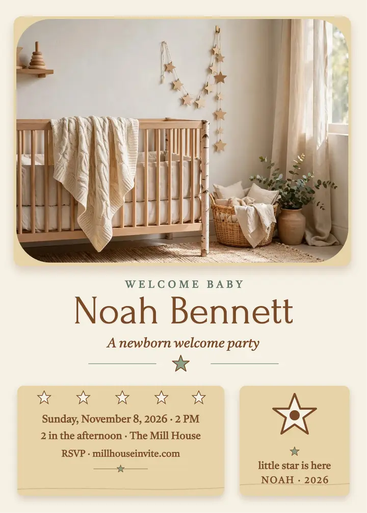 Welcome Baby Noah birch star invitation template