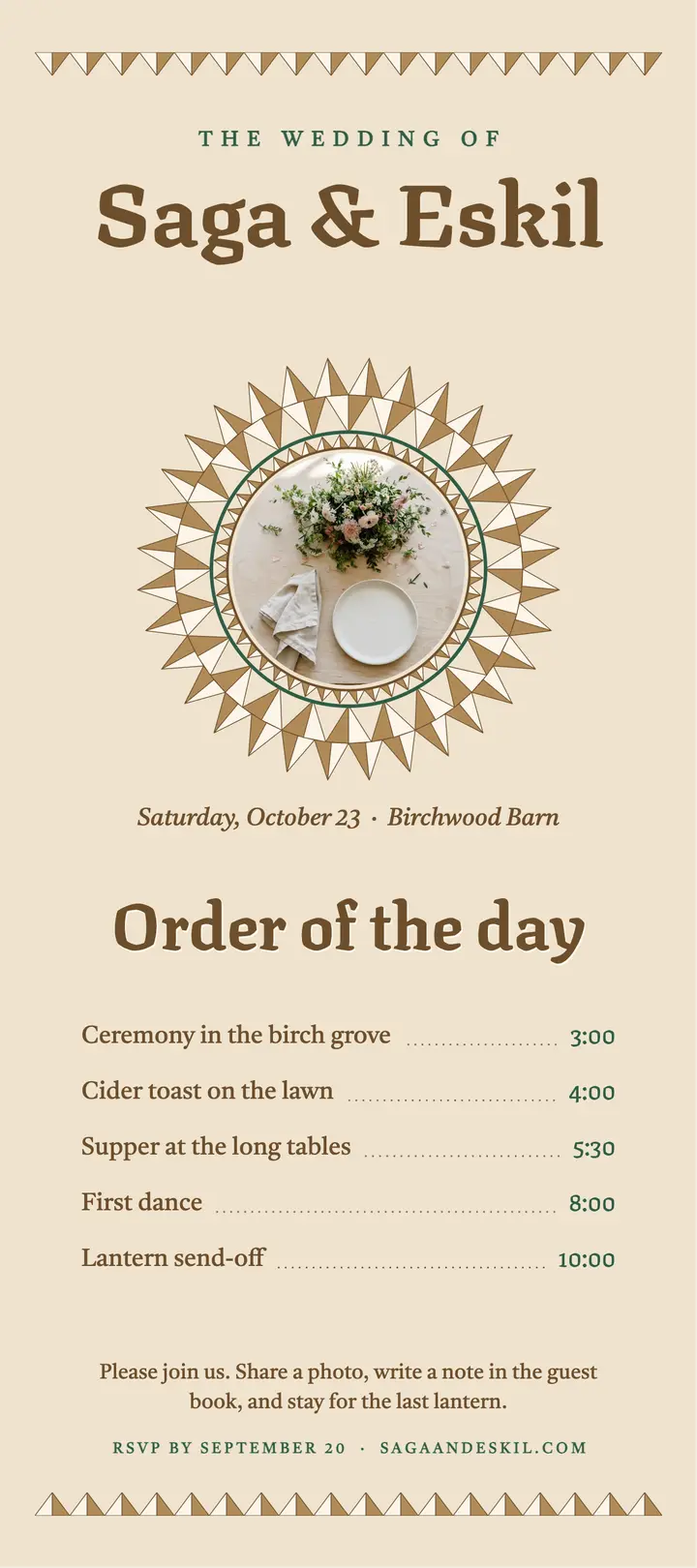 Chip-carved rosette wedding order of the day template