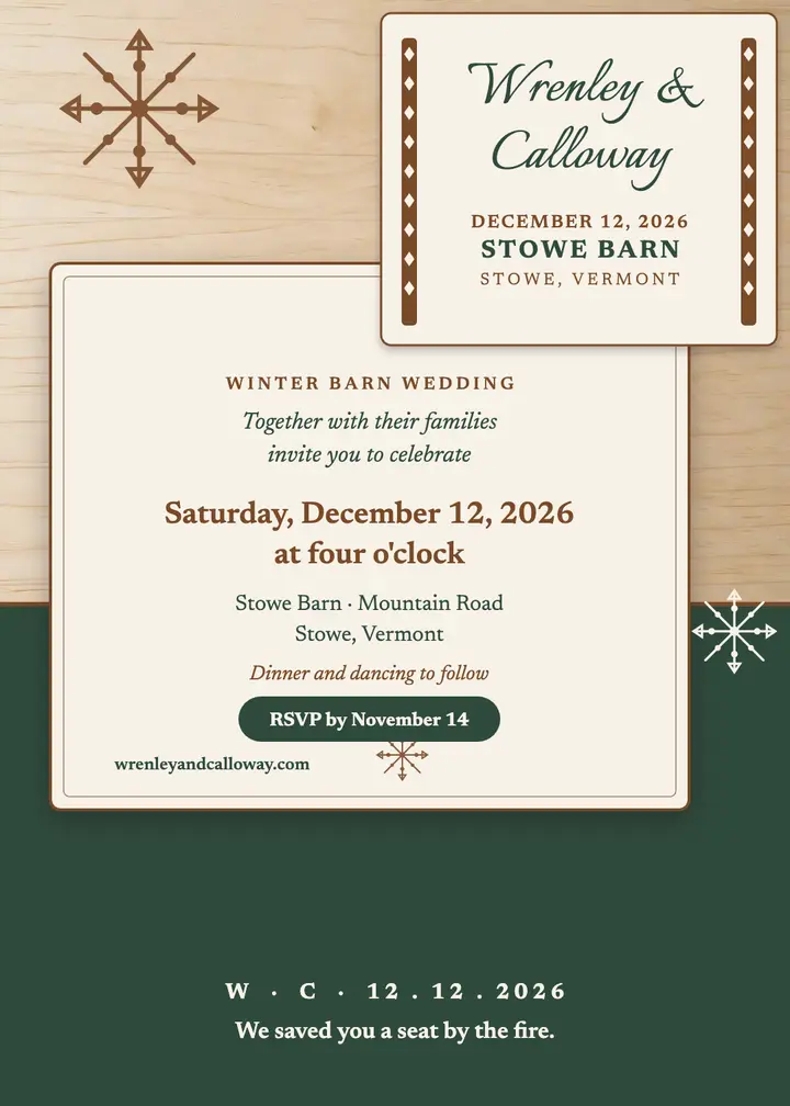 Wrenley and Calloway winter barn invitation: winter wedding invitation template