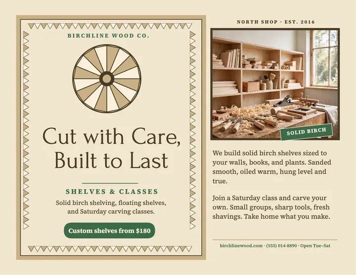 Birchline woodworking shelves and classes flyer: woodworking flyer template