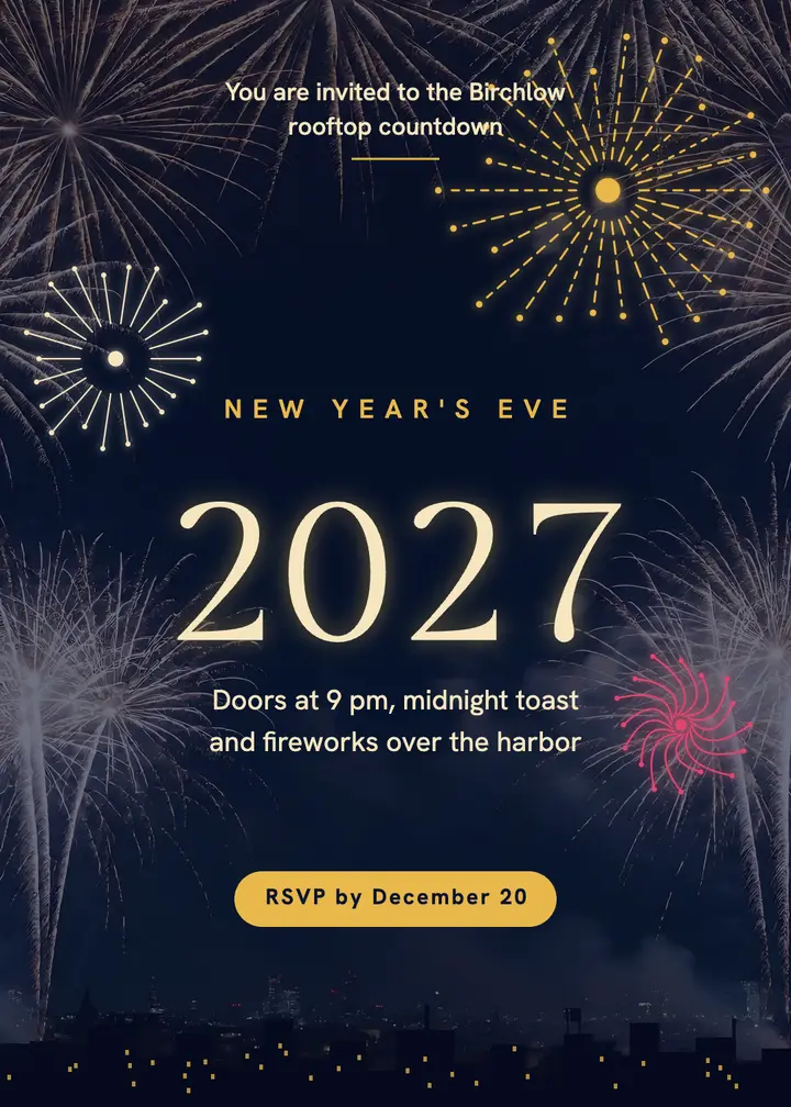 Rooftop countdown firework invitation: new year's eve invitation template