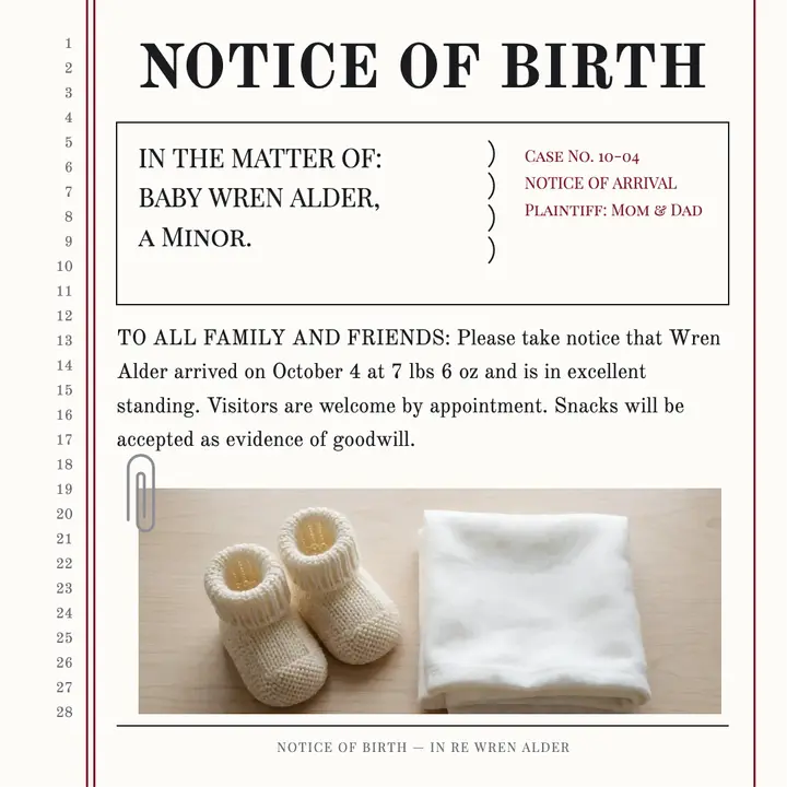 Wren Alder birth notice pleading paper post template
