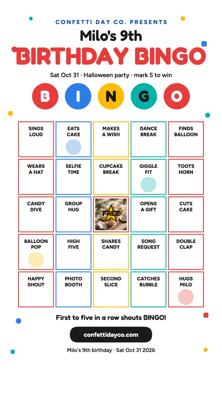 Milo's birthday bingo card story template