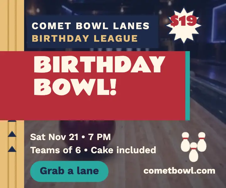 Comet Bowl birthday bowling night ad template