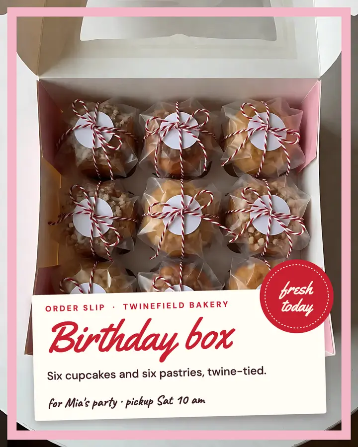 Twinefield Bakery birthday box post: birthday treat box bakery post template