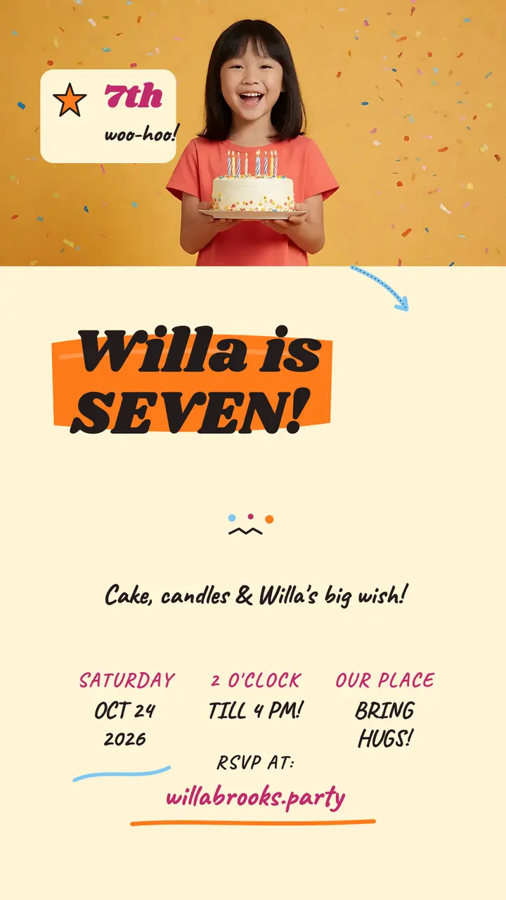 Willa Brooks 7th birthday scribble invite: birthday party invite story template