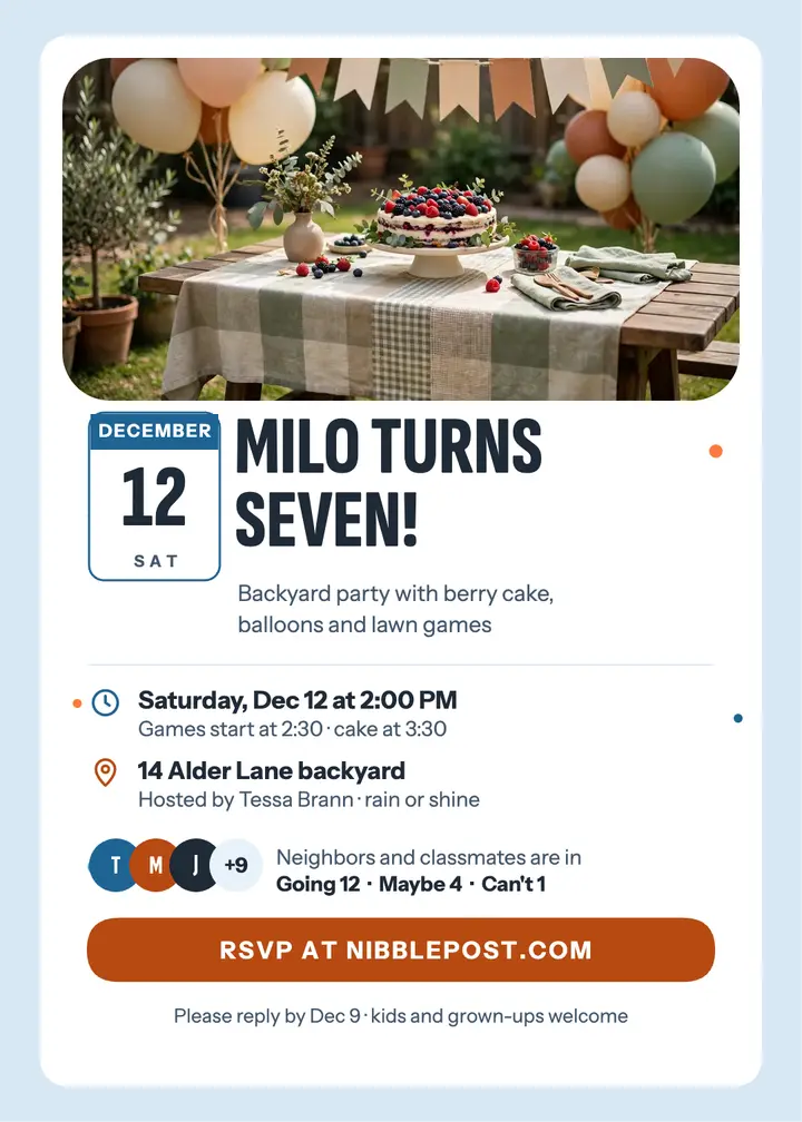 Milo turns seven backyard calendar invite: birthday invitation template