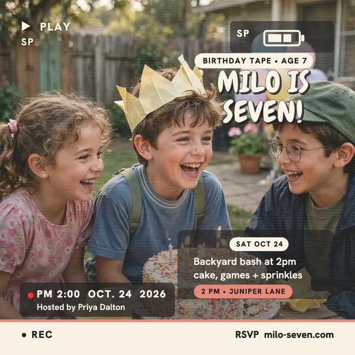 Milo seventh birthday camcorder invite template