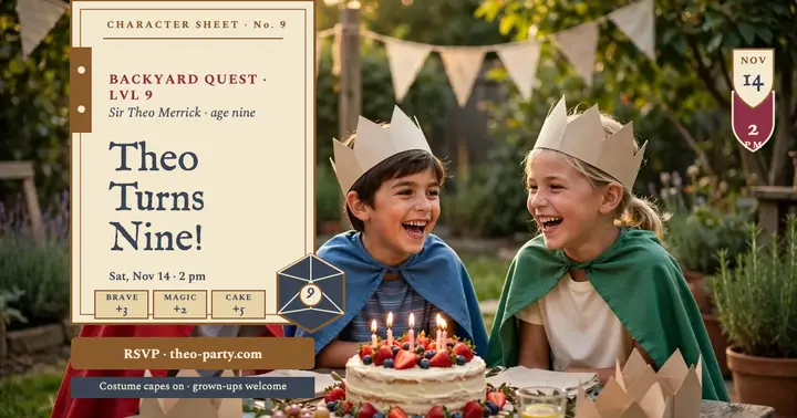 Theo's backyard quest birthday invite: birthday party invitation template