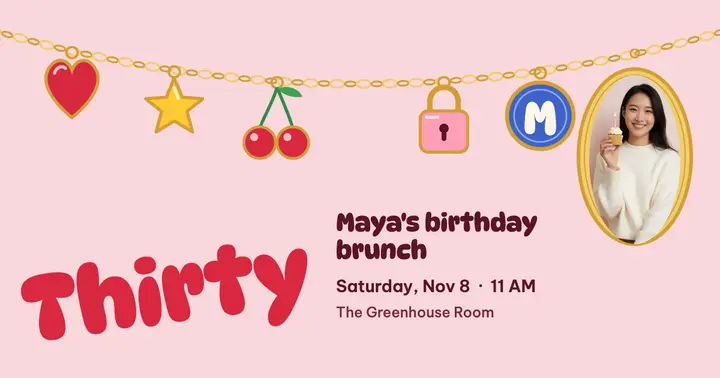 Thirtieth birthday brunch charm chain facebook post: birthday brunch invitation post template