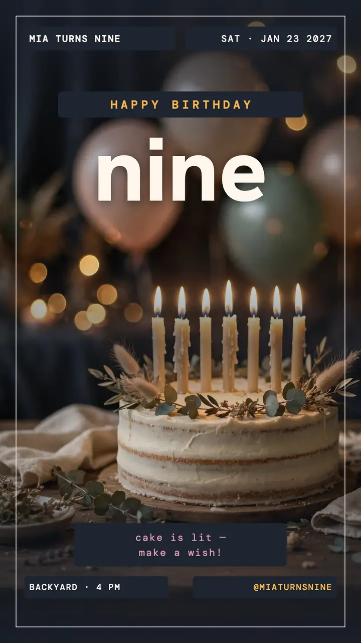 Mia turns nine birthday corners story template