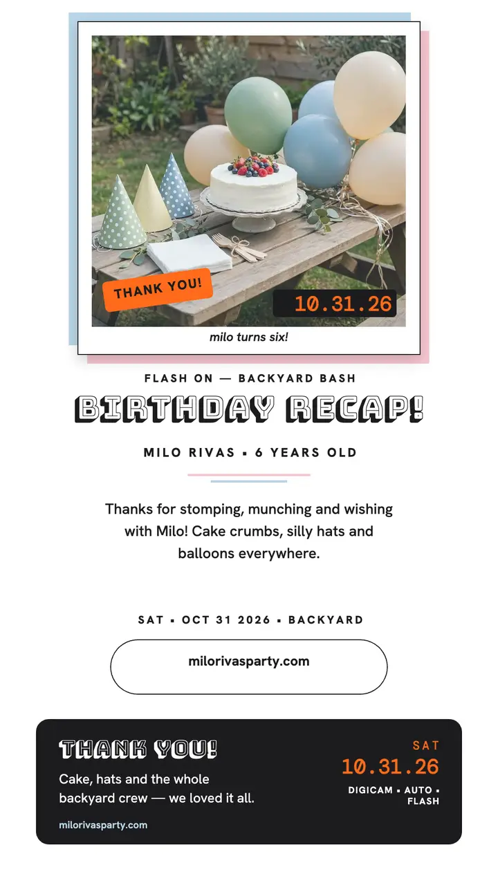 Milo Rivas backyard birthday recap template