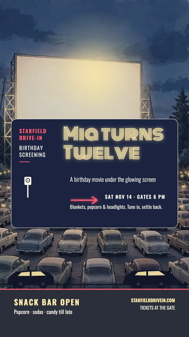Mia birthday drive-in movie night story template