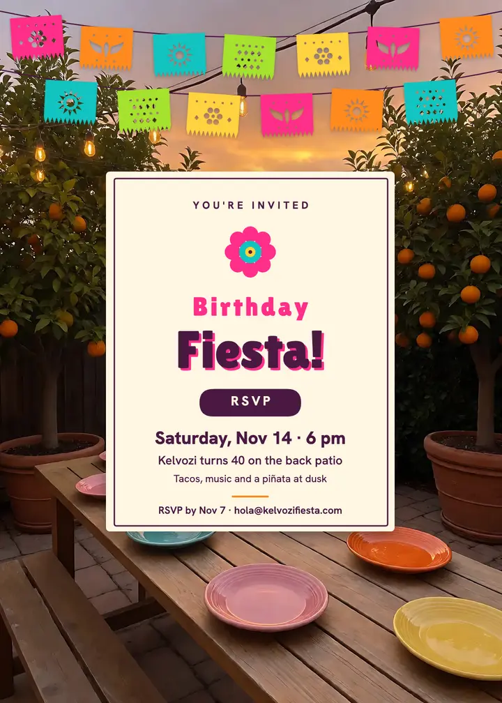 Birthday fiesta invitation, papel picado patio template