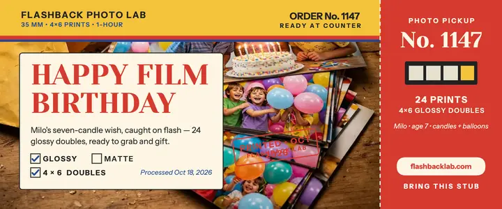 Birthday film wallet pickup ticket, Flashback Lab: birthday photo pickup ticket template