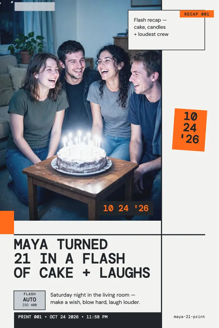 Maya turns 21 flash recap poster template
