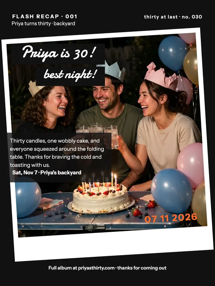 Priya's 30th backyard flash recap: birthday party recap template