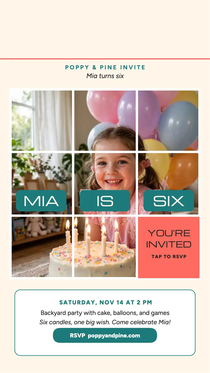 Mia turns six grid puzzle story template